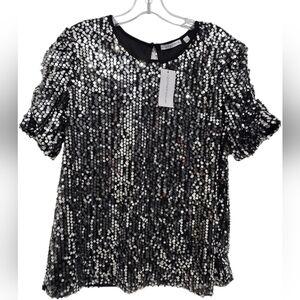 Notations Women's Silver Sequin Short Sleeve Top Blouse Size Large